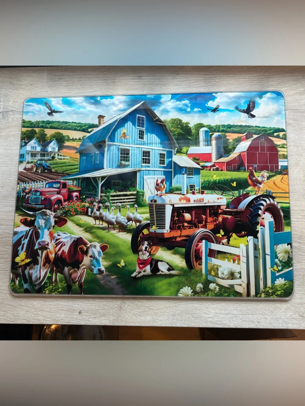 Barn Yard Scene Tempered Glass Cutting Board 12”x16”. Farm Animals Scene.